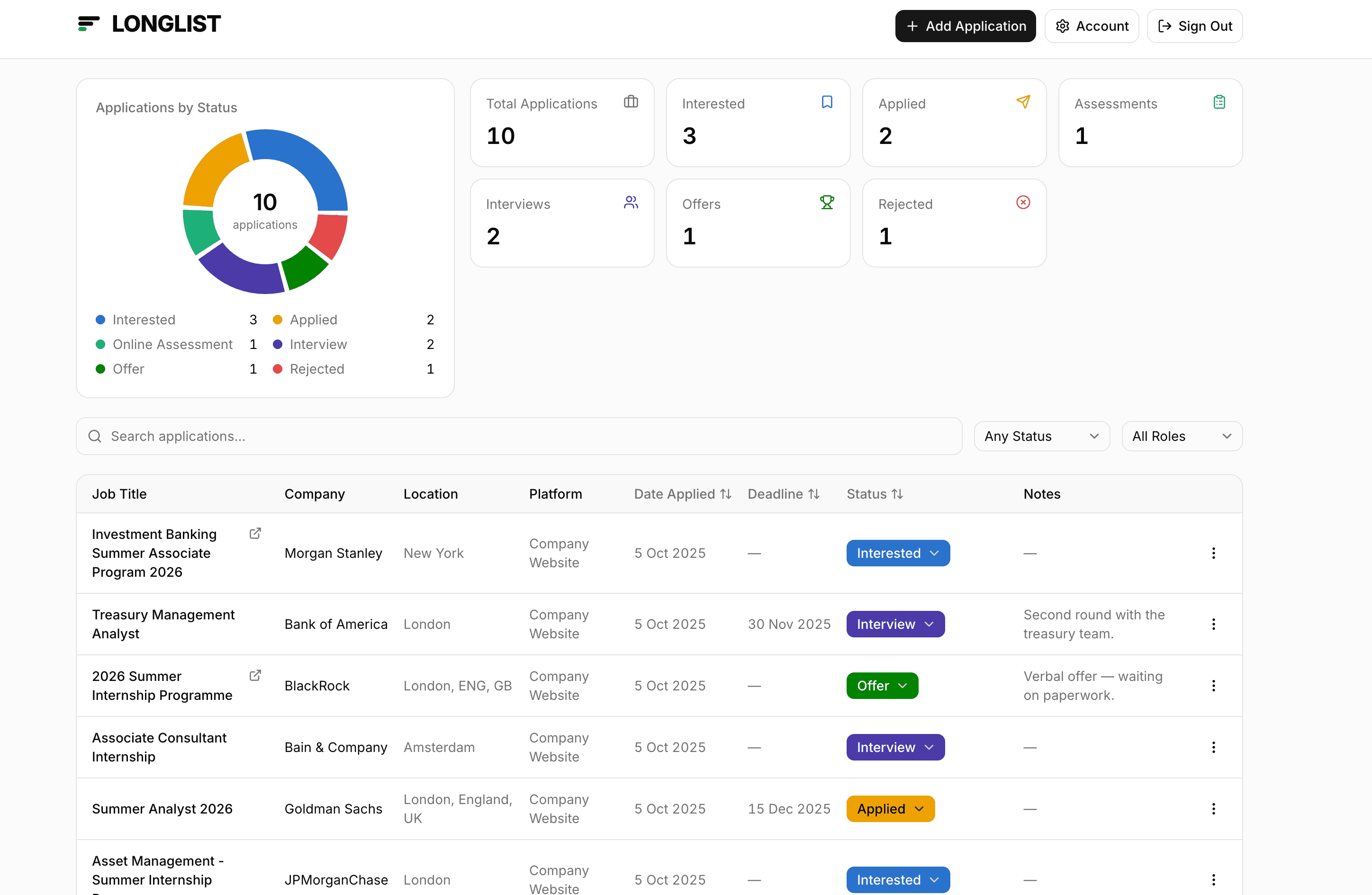 Job Application Tracker - Longlist preview